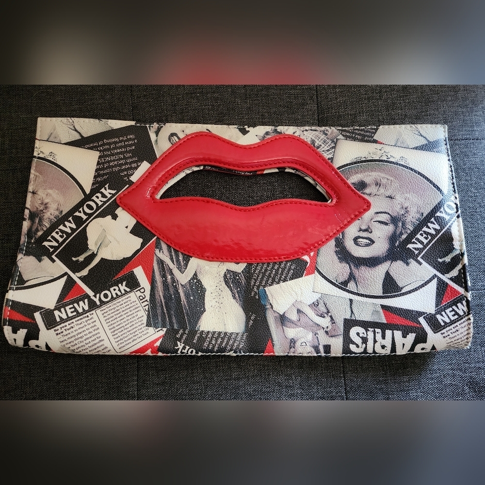 Marilyn Monroe red, black and white mouth clutch man made materials